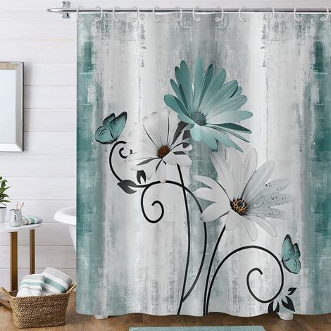 1 Rideau De Douche, Motif Fleurs Et Papillon, Tissu Polyester Imperméable, Lavable, Pour Salle De Bain