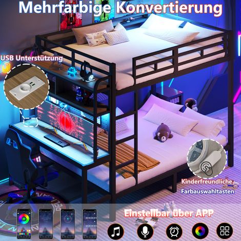 Lit superposé, 140 x 200 cm, structure en fer, compartiment de rangement, bureau, éclairage LED, port USB, barrière de sécurité, échelle, sans matelas, noir (1/4)