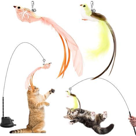 Jouet Chat Interactif, Interieur Jouets pour Chats avec Ventouse, 1 Canne a Peche Chat avec 2 Oiseaux à Clochettes, Jouets Intelligence Chats Baguette (1/5)