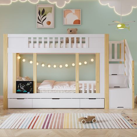 Lit superposé enfant avec escalier rangement 3 tiroirs sur roulettes tableau noir pin MDF panneaux particules contreplaqué blanc naturel 90 x 200 cm