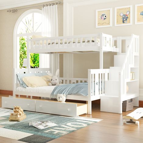 DESVIAE Lit superposé enfant avec escalier de rangement et 2 tiroirs 90 x 200 140 x 200 bois massif blanc avec sommier à lattes (1/5)