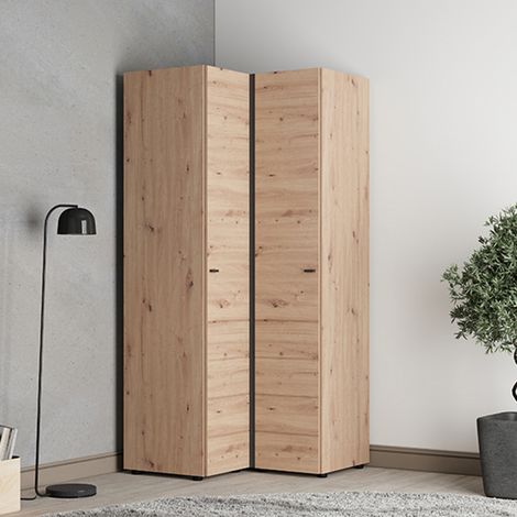 Armario 2 Puertas Madera, Ropero Dormitorio 4 Estantes, Apertura Batiente, Esquinero, 95x208h cm Marrón Roble Nudoso (1/5)