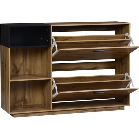 Schuhschrank 120 x 32 x 84,5 cm aus MDF mit 3 offenen Fächern und 2 Klappen, Natur und Schwarz (1/5)