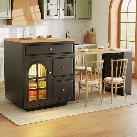 Isla de cocina extensible de 122,5 a 195,5 cm con iluminación LED RGB, 4 cajones, vitrina de cristal, MDF - negro (1/5)
