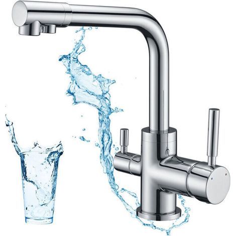 Robinet de Cuisine 3 Voies, Mitigeur Cuisine Pivotant à 360°, Robinetterie Cuisine Eau Potable, Mitigeur Évier de Cuisine avec Sortie Eau Filtrée (1/4)
