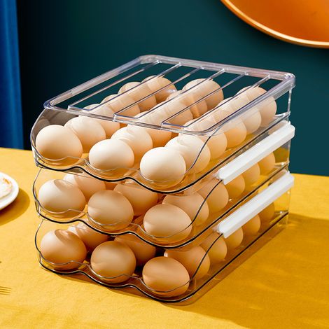 Transparente Eieraufbewahrungsbox, 21,5 x 28,5 x 21 cm, 3-stufig, stapelbar, kühlschrankgeeigneter Eierhalter mit Deckel.