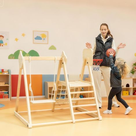 Structure d'escalade d'intérieur 5 en 1 avec toboggan, balançoire, filet d'escalade et panier de basket, pliable, pour les enfants de 3 à 6 ans, en bois naturel (1/5)