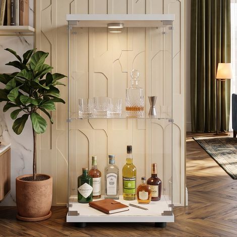 Creahappy Vitrine en Verre Trempé 40,4x36,5x86,2 cm avec Éclairage LED et Serrure, Meuble d'Exposition 2 Niveaux pour Salon, Blanc (1/5)