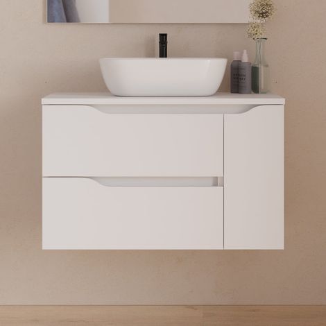 Meuble de salle de bain 80cm avec plateau et vasque à poser centrée Zeus - sans miroir - 2 tiroirs et un placard - blanc - ZARZA