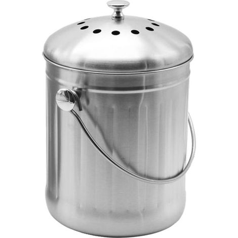 Seau Compost Inodore en Acier Inoxydable pour Cuisine - Poubelle Compost Cuisine - Comprend Filtres à Charbon de Rechange (INOX Brillant, 5 litres) (1/5)