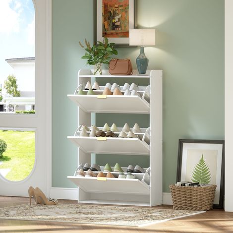 Meuble à chaussures 76x23x76cm - Avec 3 grandes portes escamotables - Blanc (1/5)