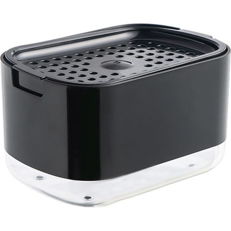Distributeur de savon avec porte-éponge, boîte à savon à pression en PP PET pour le nettoyage de la vaisselle et des torchons, noir (1/5)