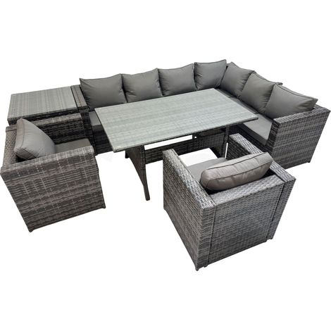 Fimous Rattan Garden Furniture Set Outdoor 8 Seater Patio Dining Corner Sofa Sets with Dining Table 2 Chairs Side Table Dark Grey Mixed (1/5)
