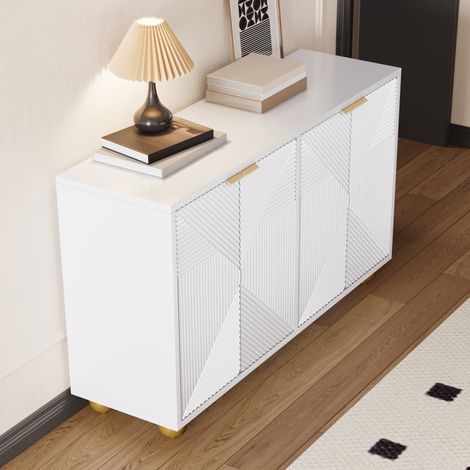 Buffet 4 portes sculptées avec étagères réglables, poignées métal et pieds boule, 120 x 35 x 71,5 cm, MDF, blanc (1/5)