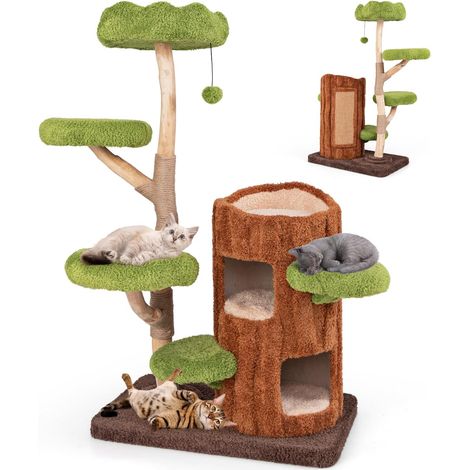 Costway – Arbre à chat 141 cm – 5 niveaux en bois massif – Griffoir en sisal et jute – Plateformes rondes – Pompon suspendu inclus (1/5)
