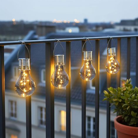 Solar Glühbirne aus Kunststoff 4er Set 15 cm - transparent - LED Dekolampe wetterfest zum aufhängen im Außenbereich geeignet-