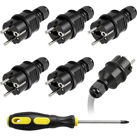 6 Prises mâles Schuko 230V 16A et 1 tournevis, Fiche de Protection Robuste en Plastique, Prise Electrique Male Secteur de Contre de Terre pour Câble Intérieur et Extérieur, Chantiers (1/5)