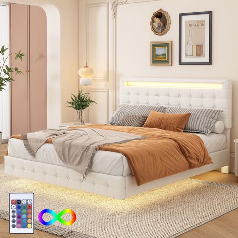 Letto matrimoniale 140x200 cm con illuminazione LED, testiera regolabile in altezza, rete a doghe, struttura in metallo, letto imbottito in similpelle - Beige