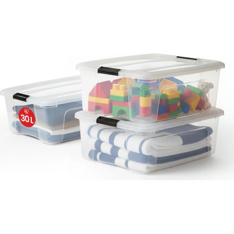 Boite Rangement Plastique avec Couvercle, 30L, Lot de 3, Transparent, Clips de Fermeture, Poignée, Empilable, Organisation Solide (1/5)