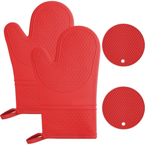 paio di guanti da forno in silicone con 2 presine, resistenti al calore fino a 240°C, guanti da cucina antiscivolo per grigliare, cucinare, forno, microonde, rossi