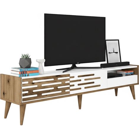 Dmora - Mueble de televisión Alnilam, Aparador de salón, Mueble bajo para TV, Base de pared equipada, 180x45h35 cm, Blanco y Nogal, con embalaje reforzado