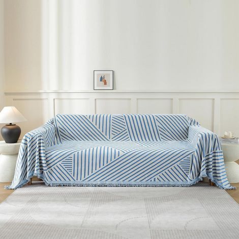 Jeté de canapé 2 places 180x280cm Chenille Bleu Lignes avec Franges (1/5)
