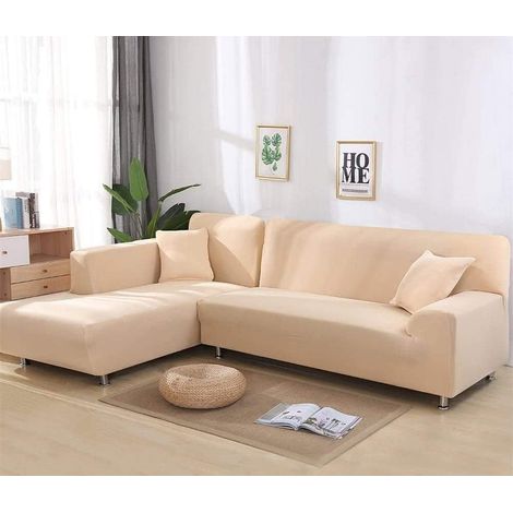 Soft, non-slip polyester fabric sofa cover for L-shaped sofa, 2-piece set, 3+3 seater sectional sofa, cream (1/5)