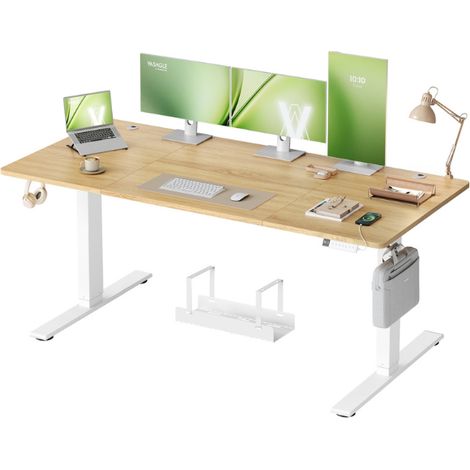 Bureau électrique réglable en hauteur 180 x 80 cm avec port USB et rappel de sédentarité design rustique en aggloméré chêne (1/2)