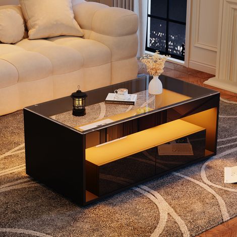 REDOM Table basse 100x50x40cm LED 16 couleurs télécommande panneau de particules 2 tiroirs noir (1/5)