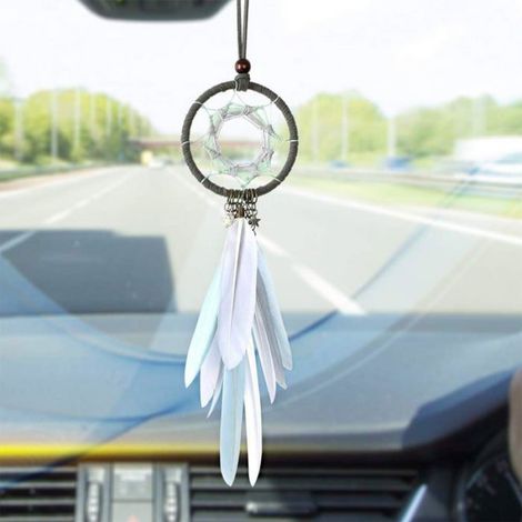 Attrape-reves - Suspension Retroviseur Voiture - Decoration Interieur Main - Maille Et Plumes Naturelles - 1 Piece (1/5)