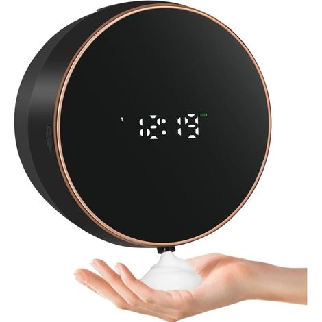 Distributeur de Savon Automatique Mural - Distributeur de Savon Mousse électrique - No Touch - Capteur Mural - en Plastique - pour Cuisine, Salle de Bain - Noir (1/4)
