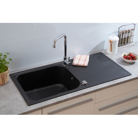 Respekta – Évier de cuisine à encastrer 100x50 cm – Évier en granit noir résistant à la chaleur jusqu'à 180° – 1 bac avec égouttoir – Fabriqué en Allemagne (1/5)