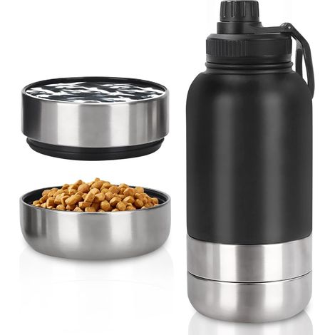Dog Drinking Bottle for On the Go 950 ml - Insulated Stainless Steel Dog Drinking Bottle Water Bottle with Food Bowl & Water Bowl, Portable Dog Bottle BPA-Free for Travel Walking & Outdoor (Black, L) (1/5)