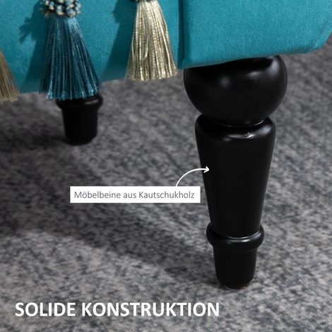 Banc rembourré HOMCOM en velours, accoudoirs, repose-pieds de lit à ossature bois, coffre à chaussures pour chambre, salon, entrée, 117x40x58 cm, bleu (1/4)