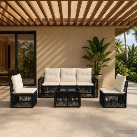 Lot de 6 pièces canapé extérieur noir et blanc crème polyrotin 5 places avec table et coussins (1/5)