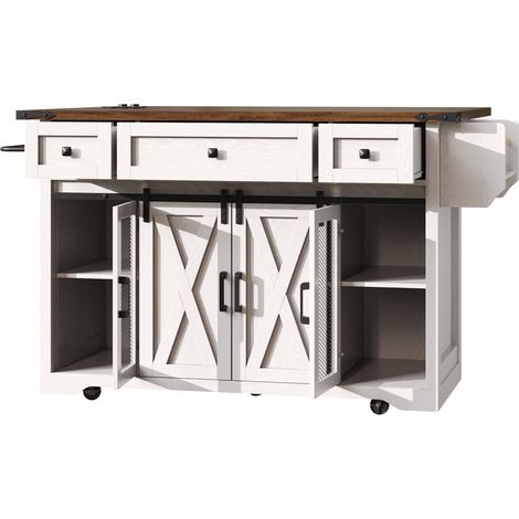 Desserte de cuisine mobile avec plan de travail extensible, prises électriques intégrées, 91 cm de hauteur de travail, MDF et métal, blanc/noir (1/5)