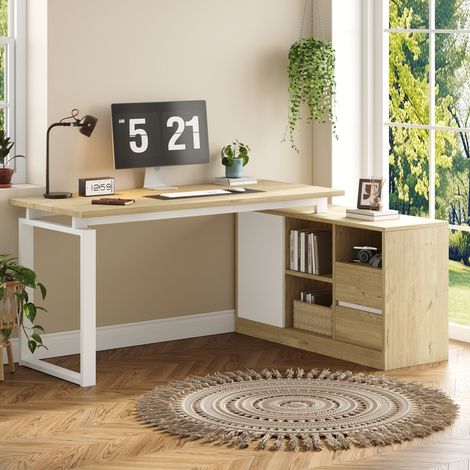 Schreibtisch in L-Form aus MDF und Metall 152 x 113,5 x 76 cm in Naturholz und Weiß mit Stauraum (1/5)