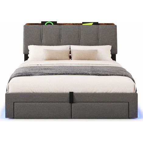 Lit coffre 140x200 avec tête de lit rembourrée, rangement hydraulique, USB et Type-C, LED avec commande tactile et appli, tissu gris, CHICFURN (1/5)