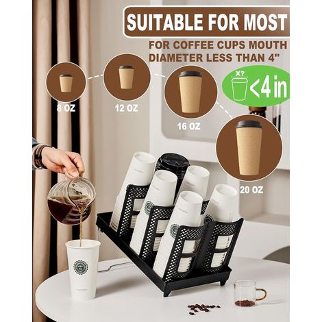 Kaffeebecherhalter Becher und Deckelspender mit Ständer Aufbewahrungsbeutel für Einwegbecher 6 Fächer geeignet für Caf s Bars Büros Zuhause schwarz