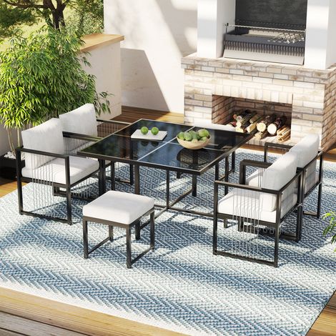 Juego de comedor exterior de 7 piezas para 6 personas con 1 mesa de vidrio templado, 4 sillones, 2 taburetes y cómodos cojines, para patio y jardín (1/5)