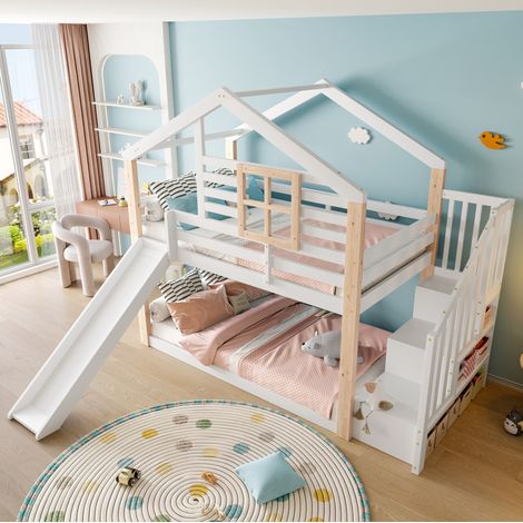 Lit superposé enfant style scandinave en bois blanc 90x200 cm avec toboggan, escalier de rangement et barrières de sécurité (1/5)