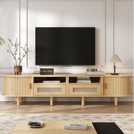 Mueble para TV de MDF color roble claro 170 x 40 x 40 cm, con 2 cajones de ratán, 2 puertas correderas y 8 patas (1/5)