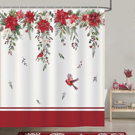 Rideau de douche de Noël à motif poinsettia rouge cardinal - Tissu polyester anti-moisissure, imperméable et lavable - Salle de bain 180 x 180 cm avec 12 crochets (1/5)
