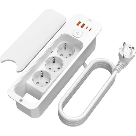 Prise submersible avec couvercle, prise intégrée à 3 voies avec 2 USB, prise encastrée de table avec 2 USB C, multiprise intégrée avec câble de 1,8 m pour plan de travail/meubles, blanc (1/5)