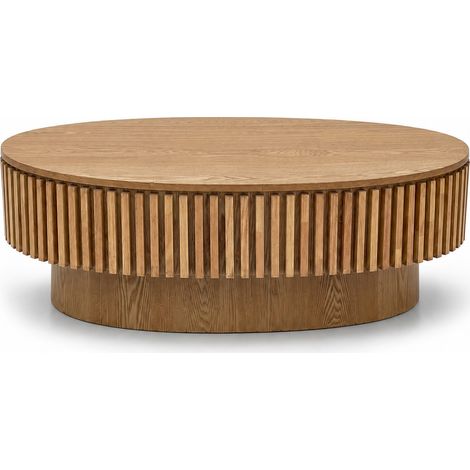 Mesa de centro ovalada con almacenaje oculto 98 x 60 x 35 cm MDF chapa de madera natural (1/5)