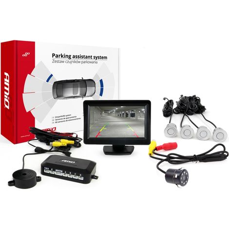 Kit di sensori di parcheggio TFT01 da 4,3" con telecamera HD-307-IR, 4 sensori argento (1/5)