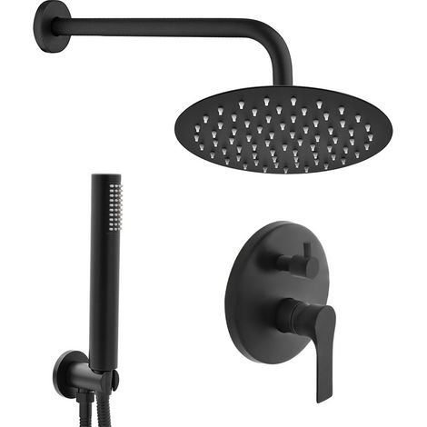 Set doccia a incasso completo nero opaco con braccio 35cm, soffione 25cm, miscelatore e kit doccino Flat (1/5)