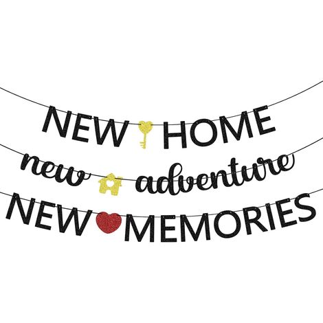 Set di 3 striscioni "Nuova casa, nuova avventura, nuovi ricordi", decorazioni per inaugurazione casa, sfondo per festa in famiglia, cartello con glitter nero (1/5)