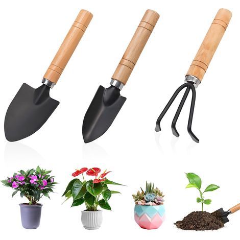 3 Pièces Outils de Jardinage, Mini Outils de Jardinage, Mini Outil de Jardin, Outil de Jardinages à Main avec Manches en Bois, Pelle, Bêche, Râteau, pour Balcon Potager Plantes Grasses (1/5)