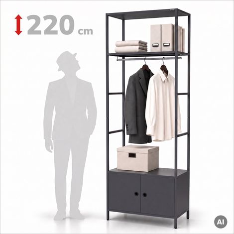 Büroregal offen mit Kleiderstange, für Empfang und Wartebereich, aus Metall, anthrazit, 800x2200x400 mm: ARIEL